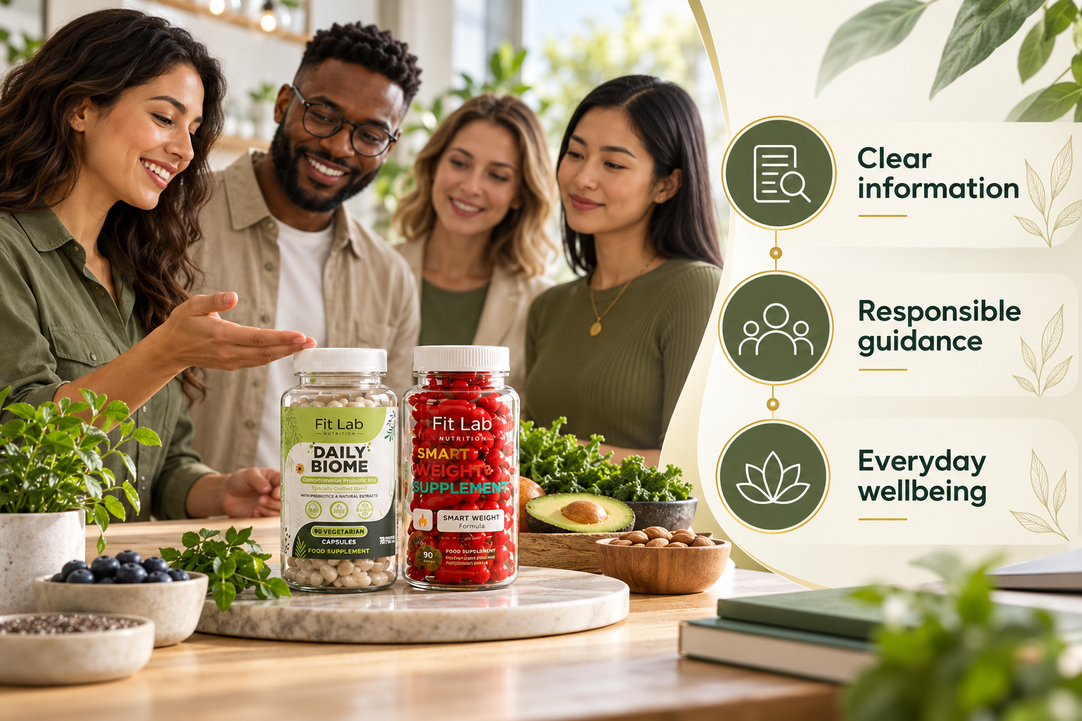 Fit Lab Daily Biome and Smart Weight supplements. Clear information; Responsible guidance; Everyday wellbeing