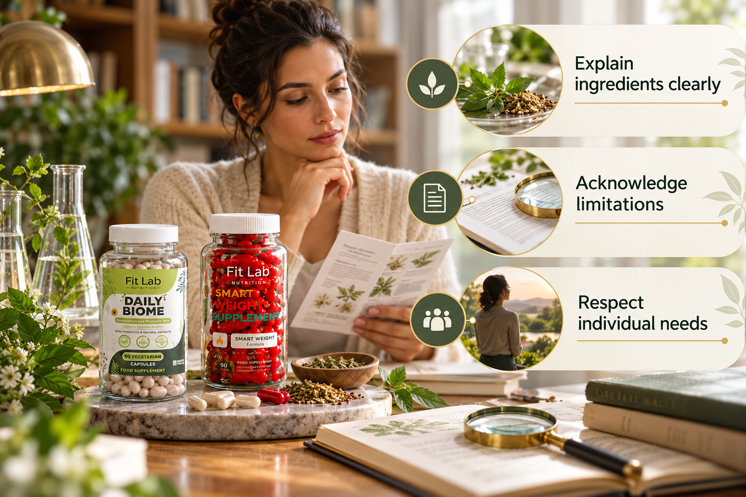 Fit Lab Daily Biome and Smart Weight supplements. Explain ingredients clearly; Acknowledge limitations; Respect individual needs