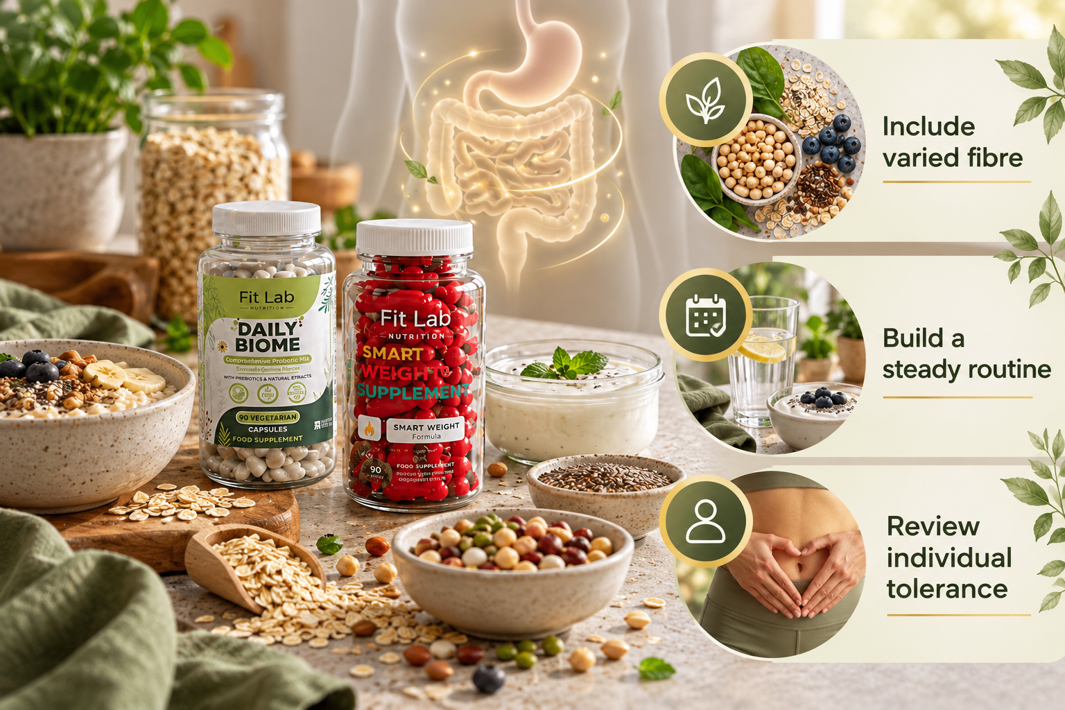 Fit Lab Daily Biome and Smart Weight supplements. Include varied fibre; Build a steady routine; Review individual tolerance