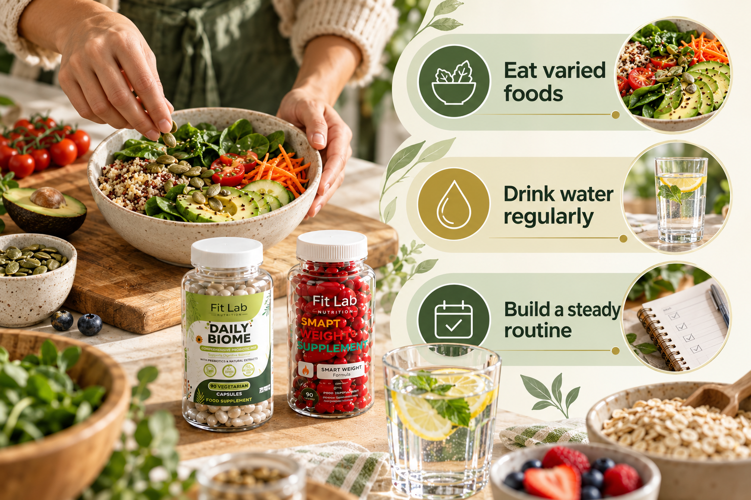 Fit Lab Daily Biome and Smart Weight supplements. Eat varied foods; Drink water regularly; Build a steady routine