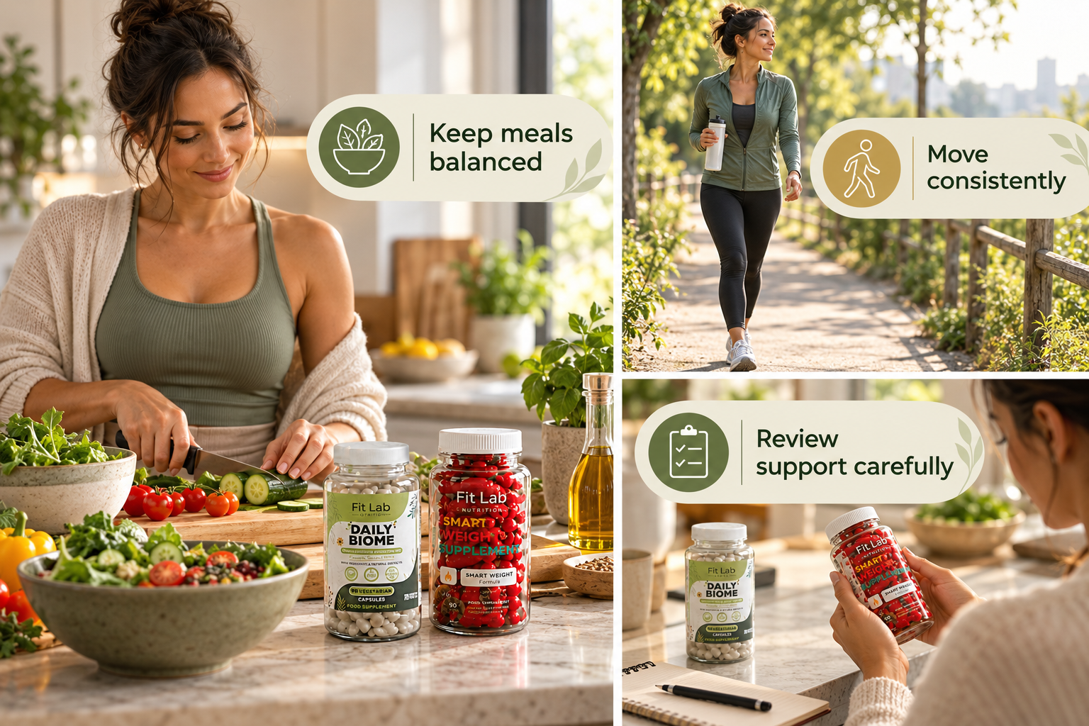 Fit Lab Daily Biome and Smart Weight supplements. Keep meals balanced; Move consistently; Review support carefully