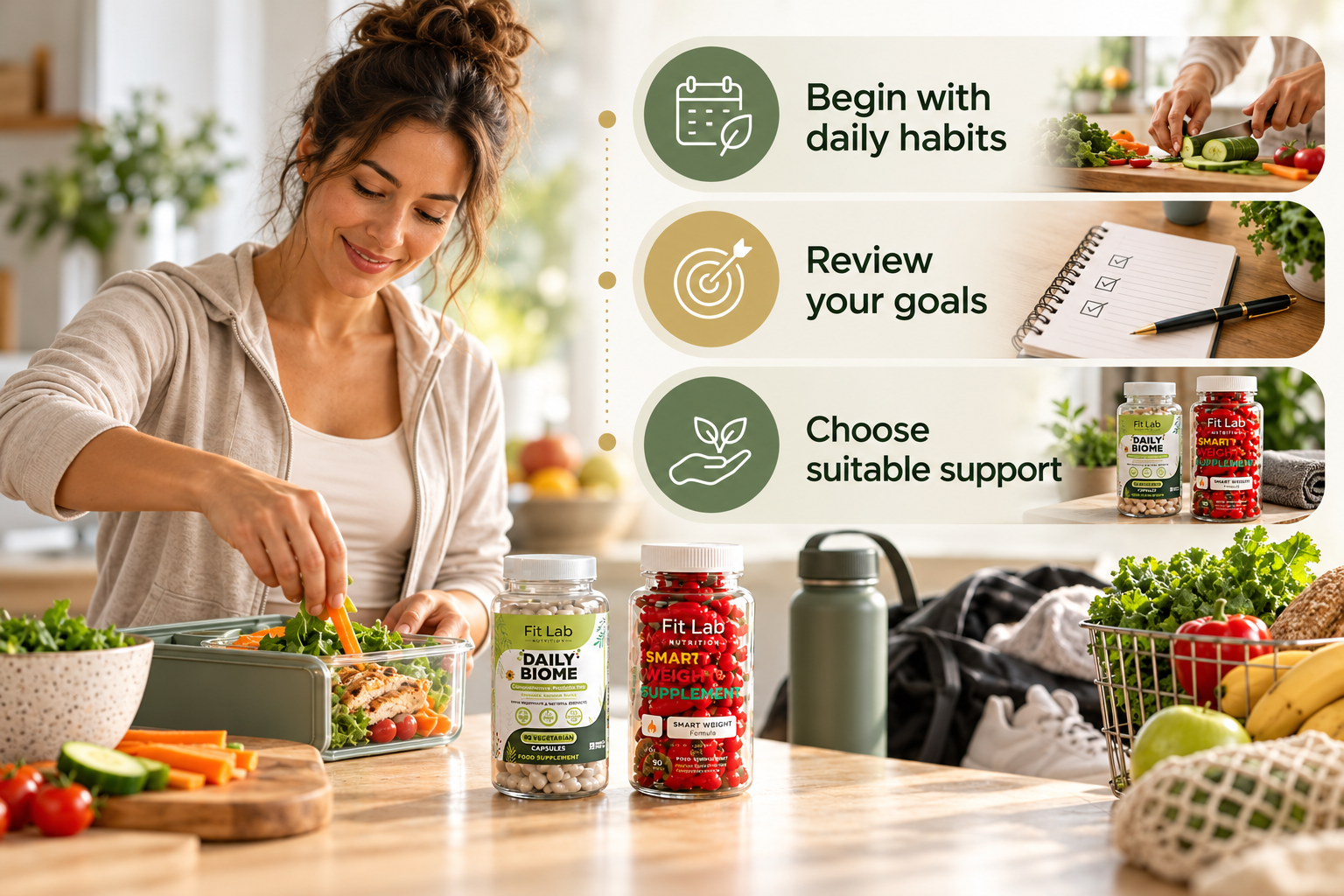 Fit Lab Daily Biome and Smart Weight supplements. Begin with daily habits; Review your goals; Choose suitable support