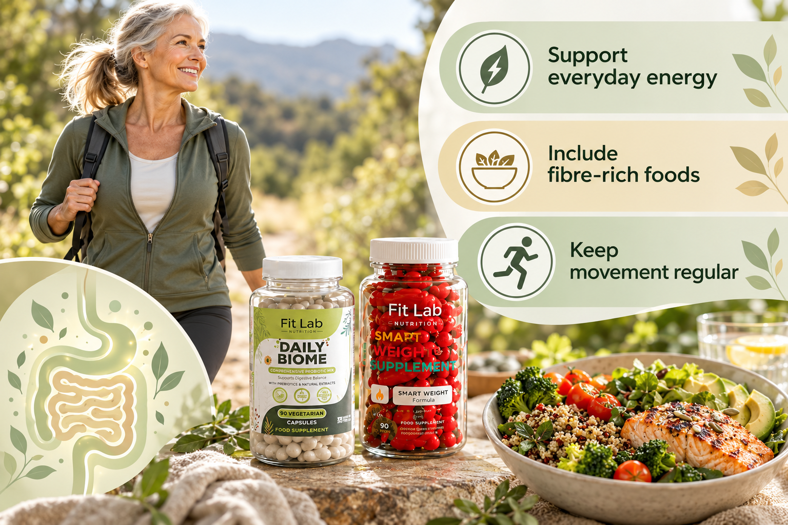 Fit Lab Daily Biome and Smart Weight supplements. Support everyday energy; Include fibre-rich foods; Keep movement regular