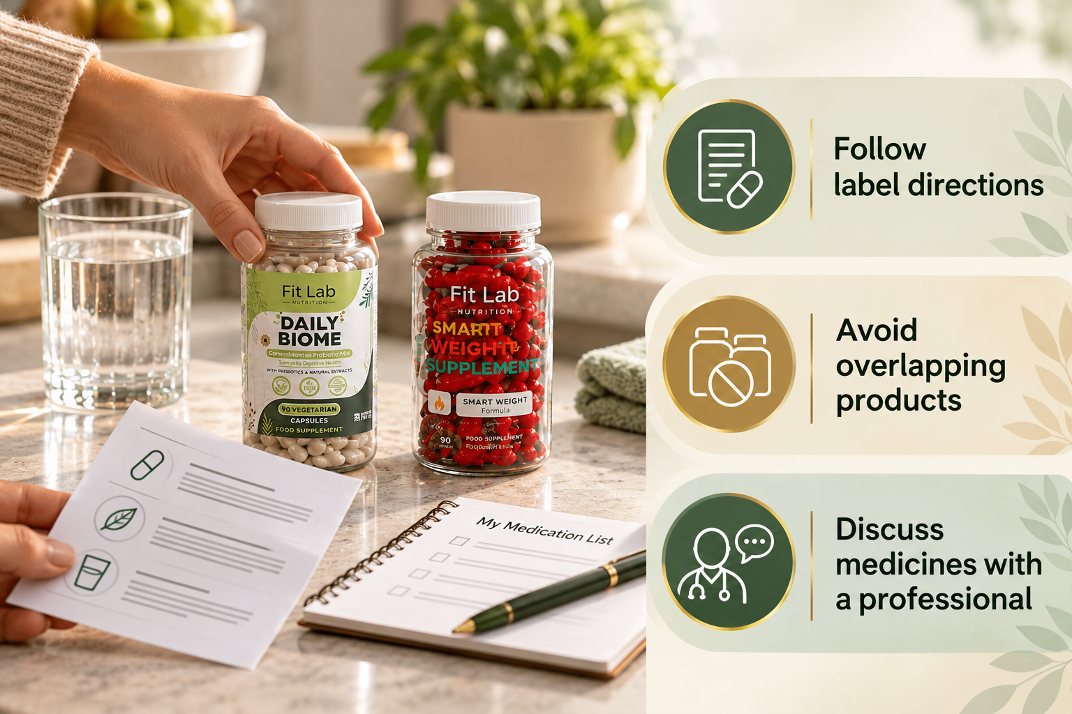 Fit Lab Daily Biome and Smart Weight supplements. Follow label directions; Avoid overlapping products; Discuss medicines with a professional