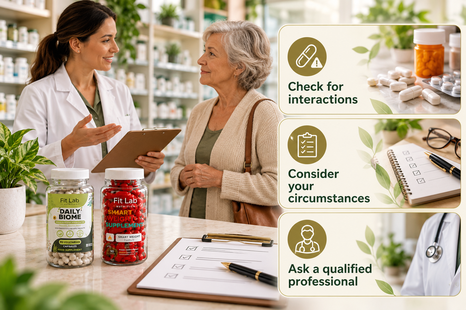 Fit Lab Daily Biome and Smart Weight supplements. Check for interactions; Consider your circumstances; Ask a qualified professional