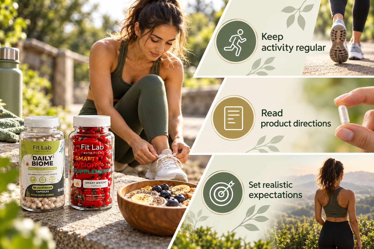 Fit Lab Daily Biome and Smart Weight supplements. Keep activity regular; Read product directions; Set realistic expectations