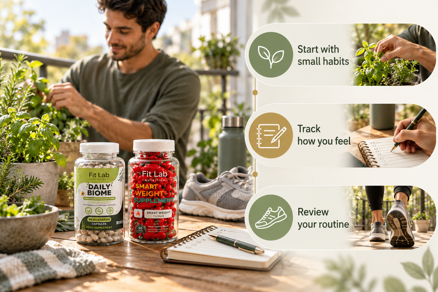 Fit Lab Daily Biome and Smart Weight supplements. Start with small habits; Track how you feel; Review your routine