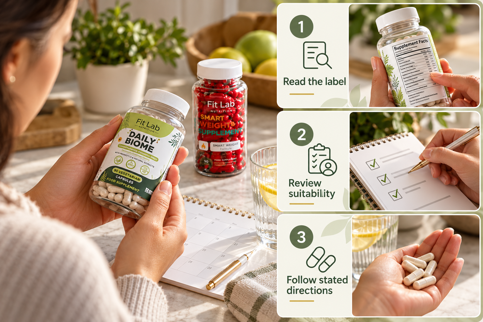 Fit Lab Daily Biome and Smart Weight supplements. Read the label; Review suitability; Follow stated directions