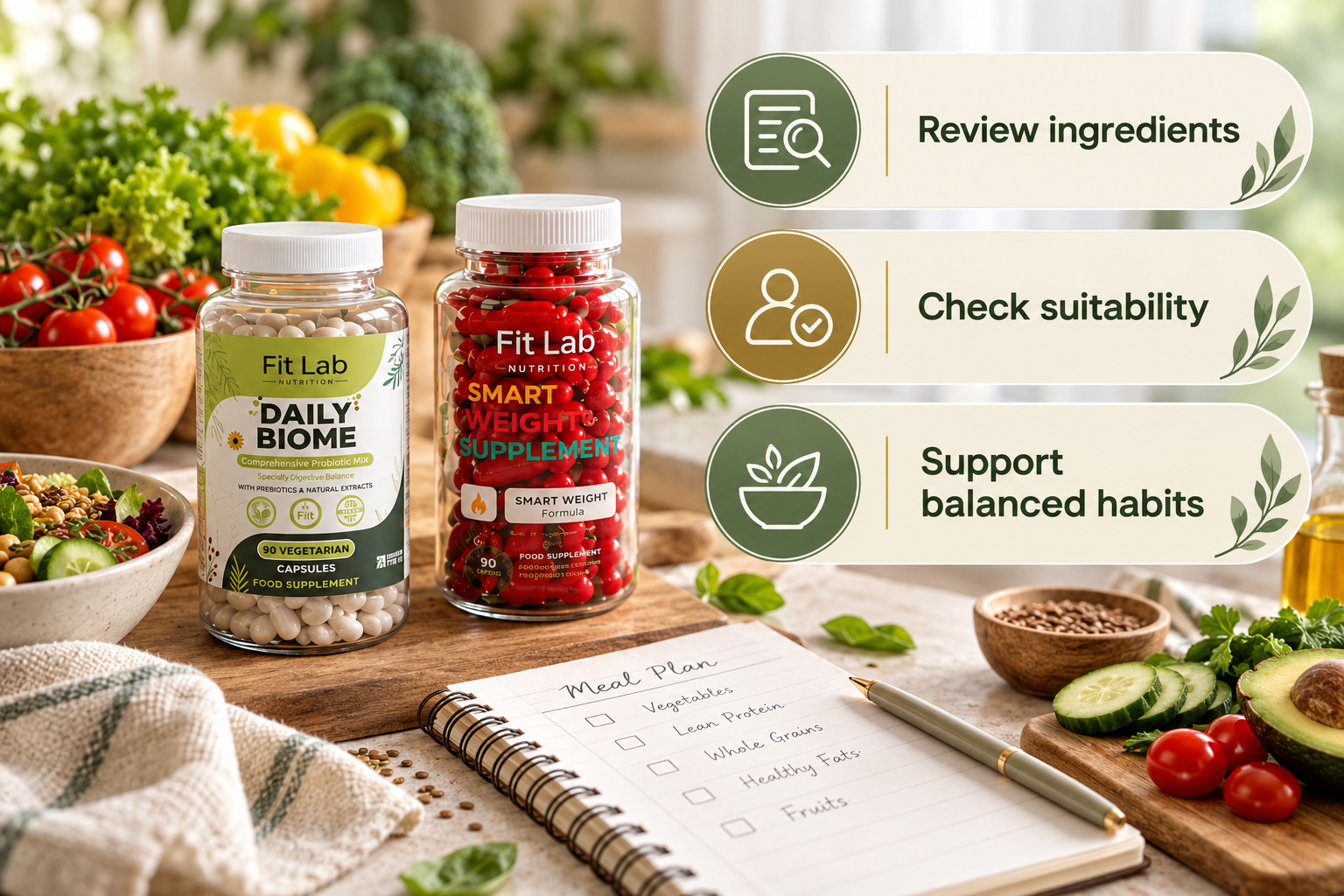 Fit Lab Daily Biome and Smart Weight supplements. Review ingredients; Check suitability; Support balanced habits